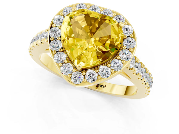 Yellow gold Heart Cut Yellow Sapphire Halo Ring with Round Pavé Split Shank and Prong Setting