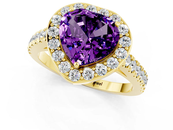 Yellow gold Heart Cut Amethyst Halo Ring with Round Pavé Split Shank and Prong Setting