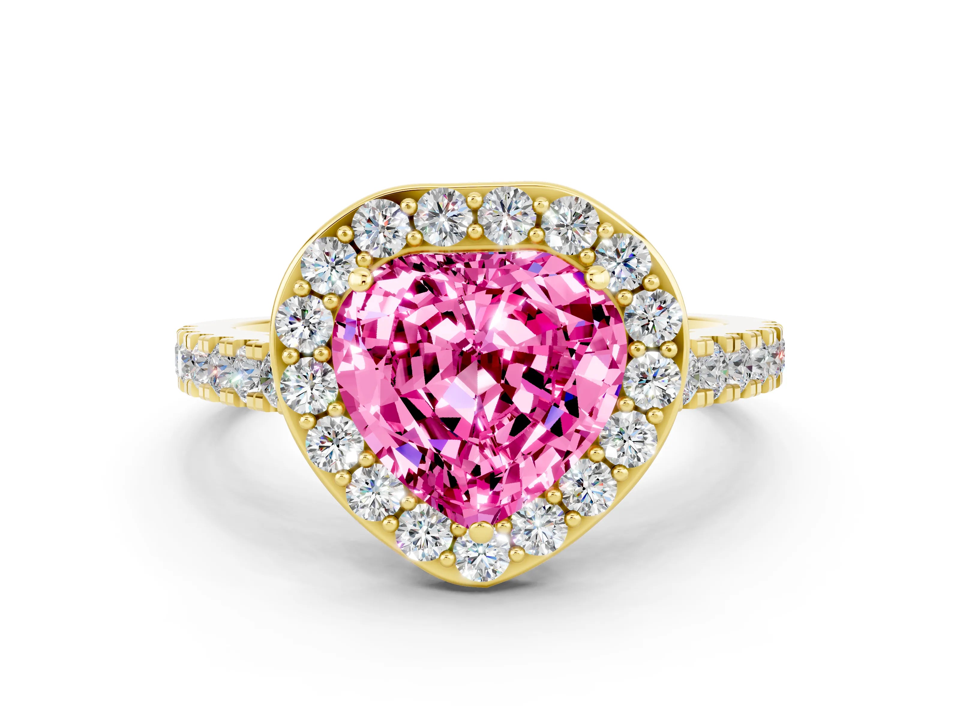 Yellow gold Heart Cut Halo Diamond Ring with Pavé Band and Three-Prong Setting