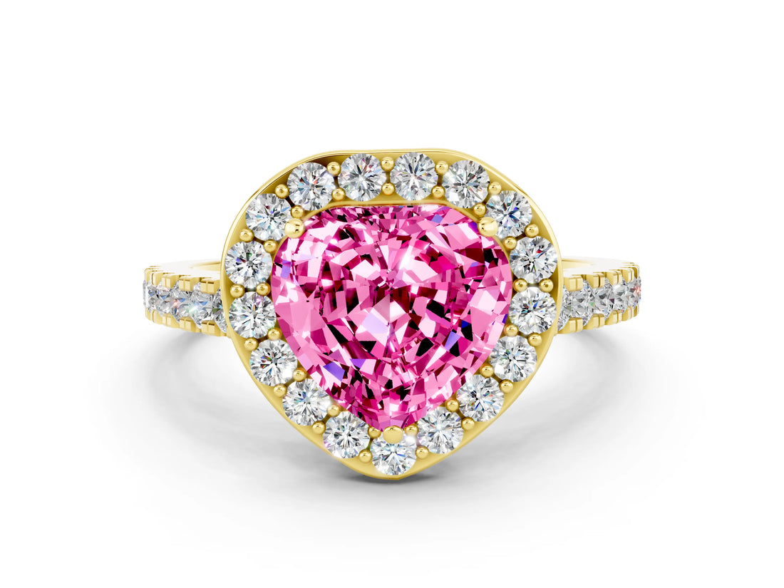 Yellow gold Heart Cut Halo Diamond Ring with Pavé Band and Three-Prong Setting