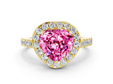 Yellow gold Heart Cut Halo Diamond Ring with Pavé Band and Three-Prong Setting