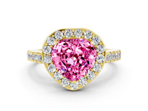 Yellow gold Heart Cut Halo Diamond Ring with Pavé Band and Three-Prong Setting
