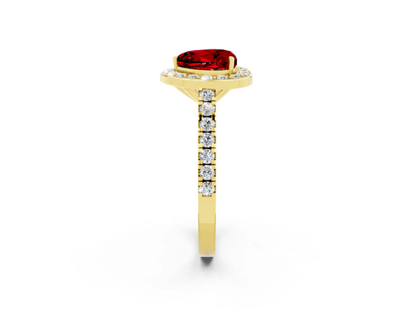 Yellow gold Heart Cut Ruby Halo Ring with Round Pavé Split Shank and Prong Setting