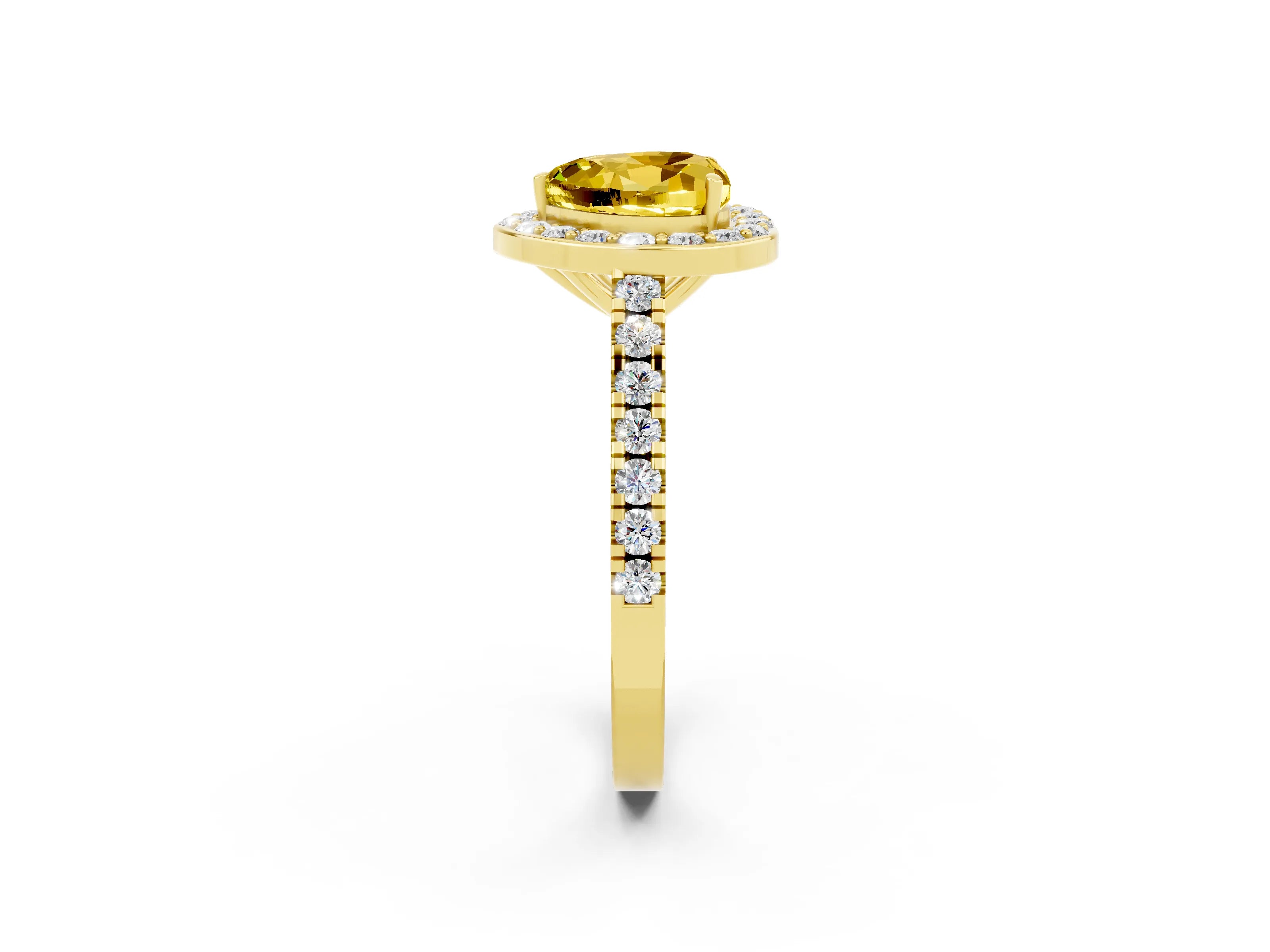 Yellow gold Heart Cut Halo Diamond Ring with Pavé Band and Three-Prong Setting_2