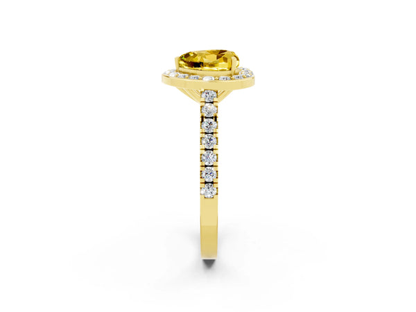 Yellow gold Heart Cut Yellow Sapphire Halo Ring with Round Pavé Split Shank and Prong Setting