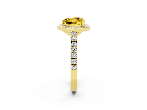 Yellow gold Heart Cut Halo Diamond Ring with Pavé Band and Three-Prong Setting_2