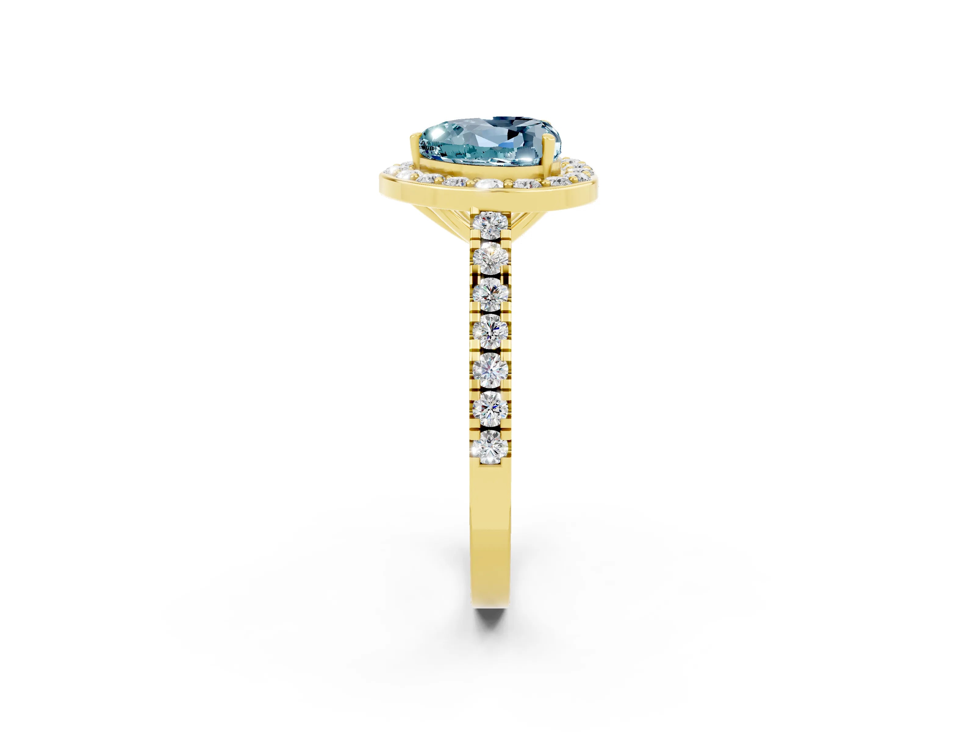 Yellow gold Heart Cut Halo Diamond Ring with Pavé Band and Three-Prong Setting_2