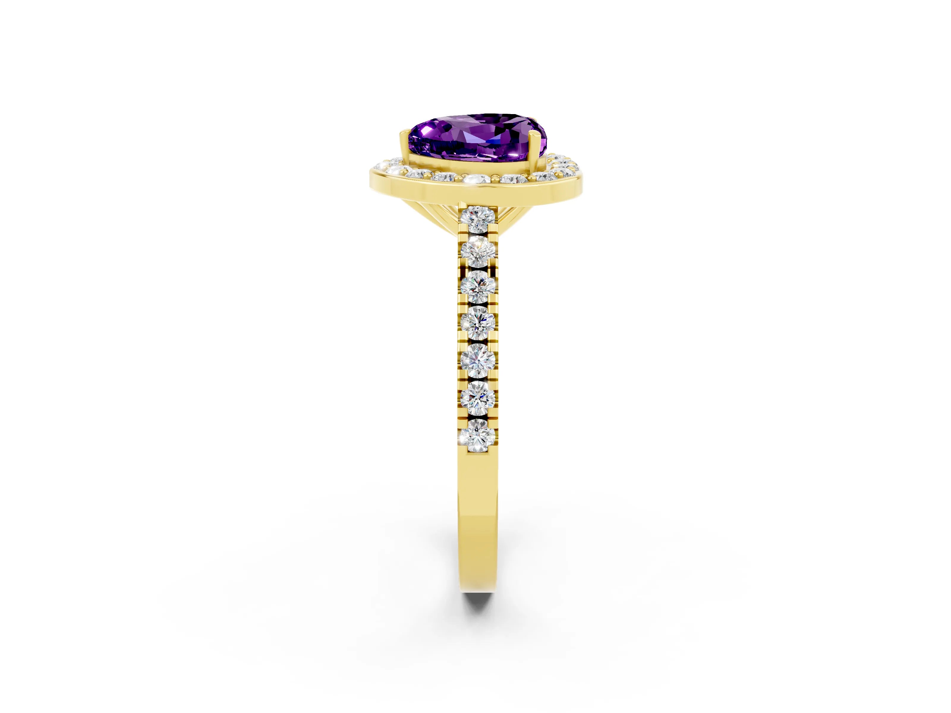 Yellow gold Heart Cut Halo Diamond Ring with Pavé Band and Three-Prong Setting_2