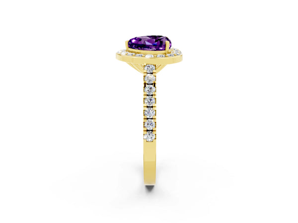 Yellow gold Heart Cut Amethyst Halo Ring with Round Pavé Split Shank and Prong Setting