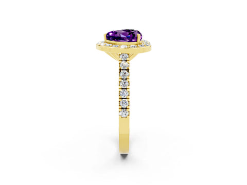 Yellow gold Heart Cut Halo Diamond Ring with Pavé Band and Three-Prong Setting_2