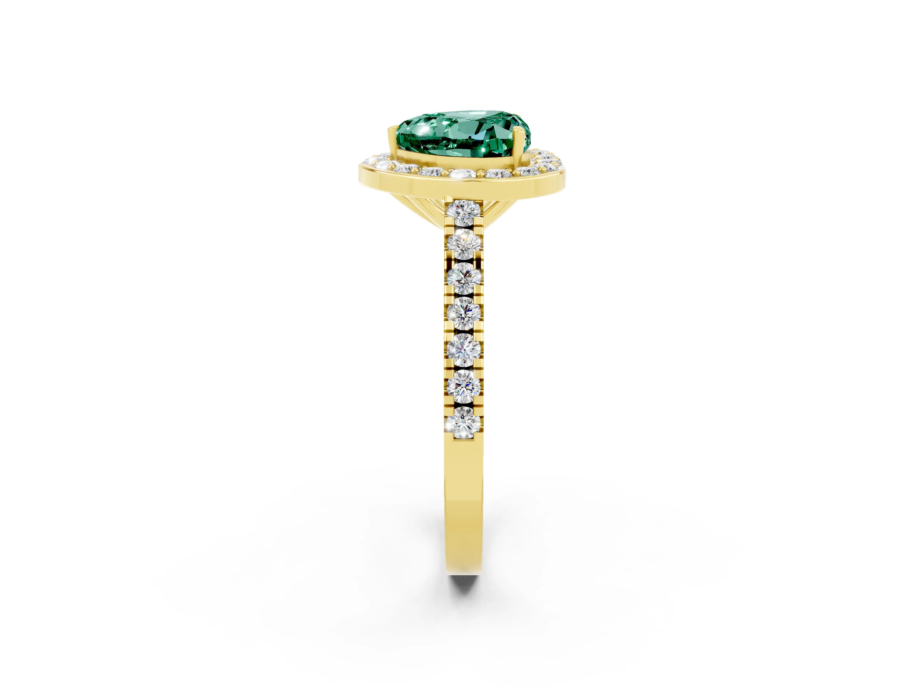 Yellow gold Heart Cut Halo Diamond Ring with Pavé Band and Three-Prong Setting_2