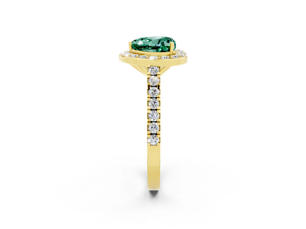Yellow gold Heart Cut Green Sapphire Halo Ring with Round Pavé Split Shank and Prong Setting