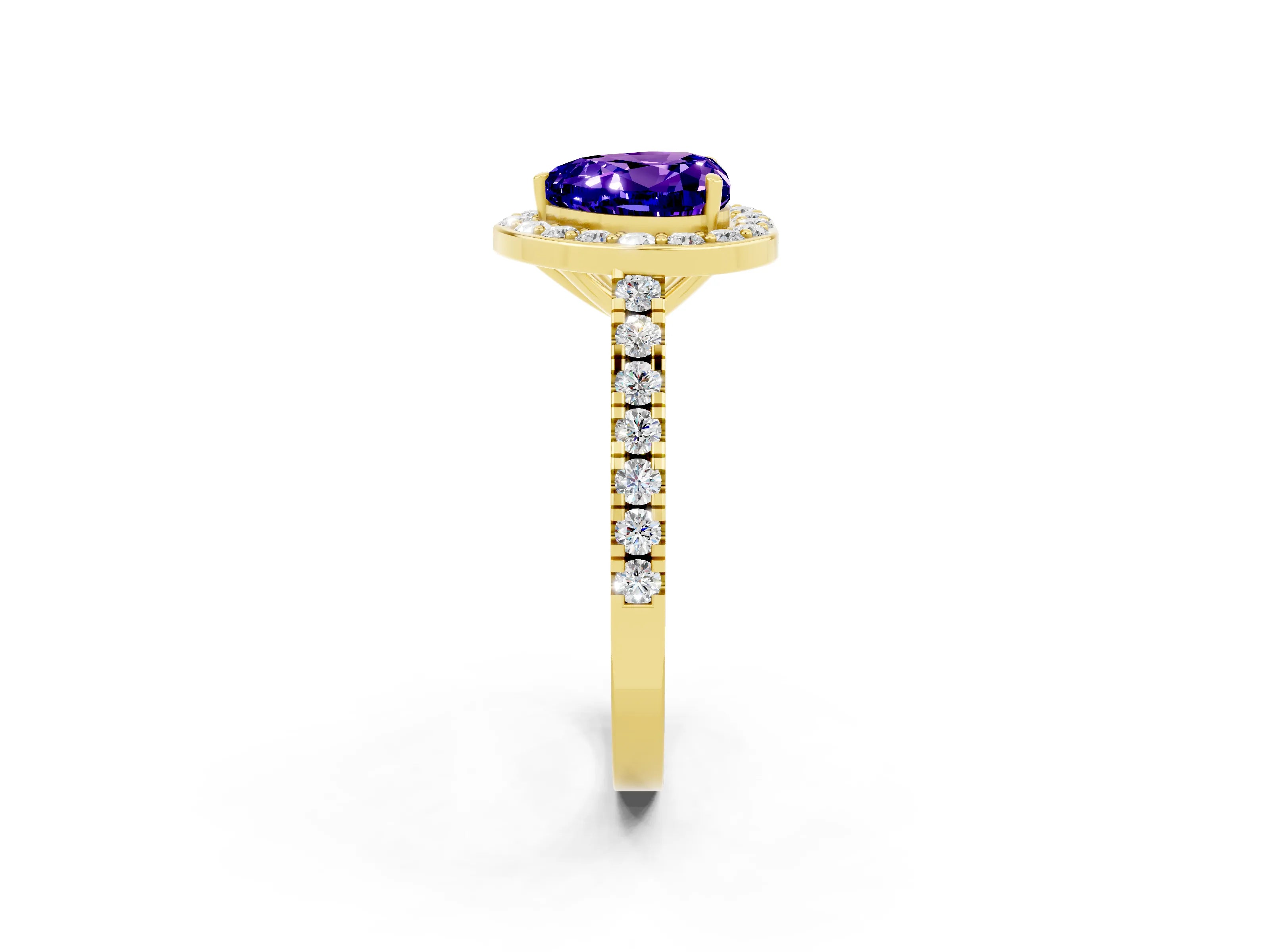 Yellow gold Heart Cut Halo Diamond Ring with Pavé Band and Three-Prong Setting_2