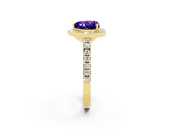 Yellow gold Heart Cut Tanzanite Halo Ring with Round Pavé Split Shank and Prong Setting