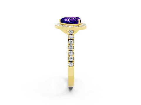 Yellow gold Heart Cut Halo Diamond Ring with Pavé Band and Three-Prong Setting_2