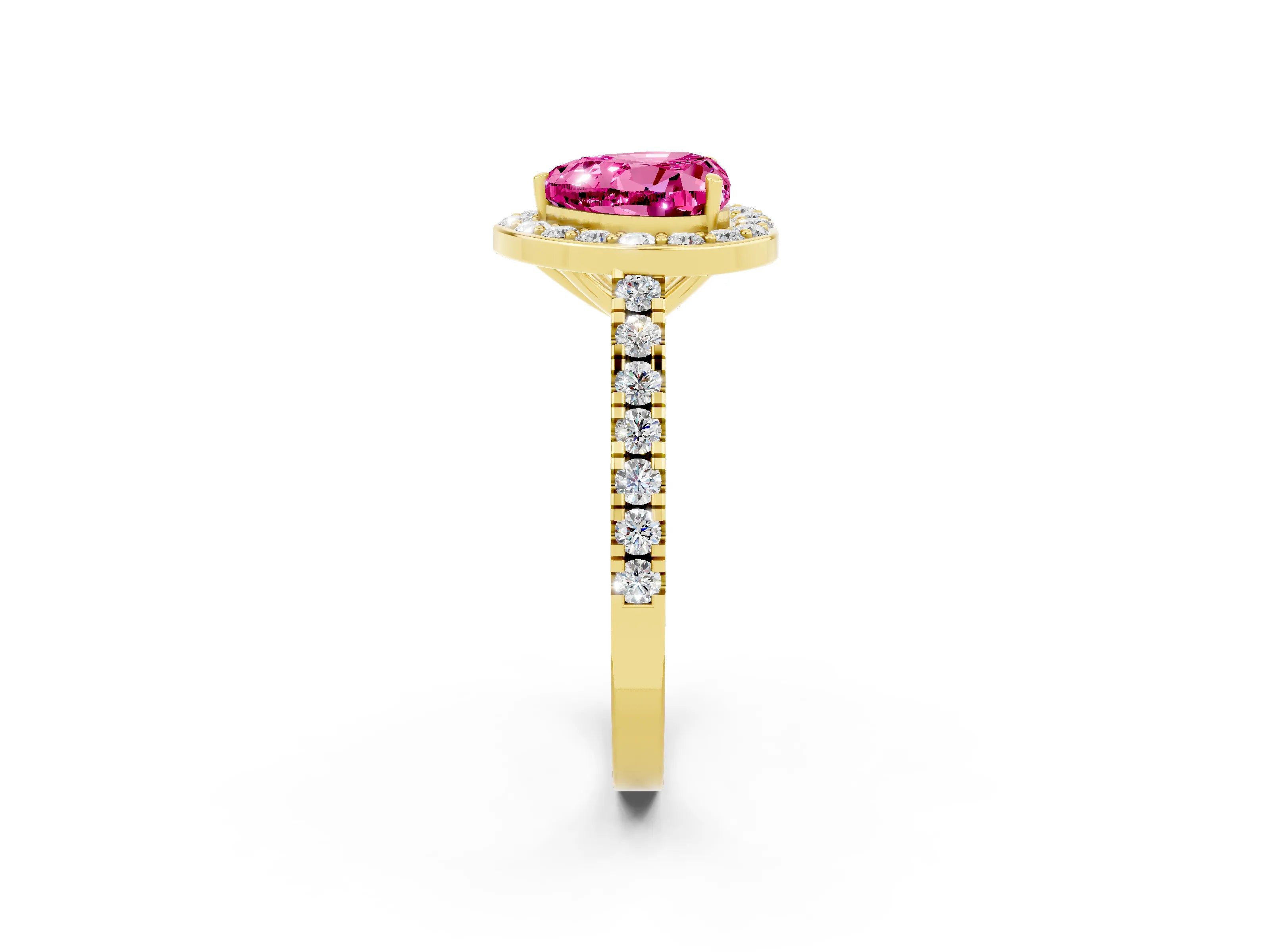 Yellow gold Heart Cut Halo Diamond Ring with Pavé Band and Three-Prong Setting_2