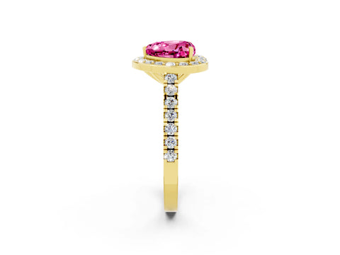Yellow gold Heart Cut Halo Diamond Ring with Pavé Band and Three-Prong Setting_2