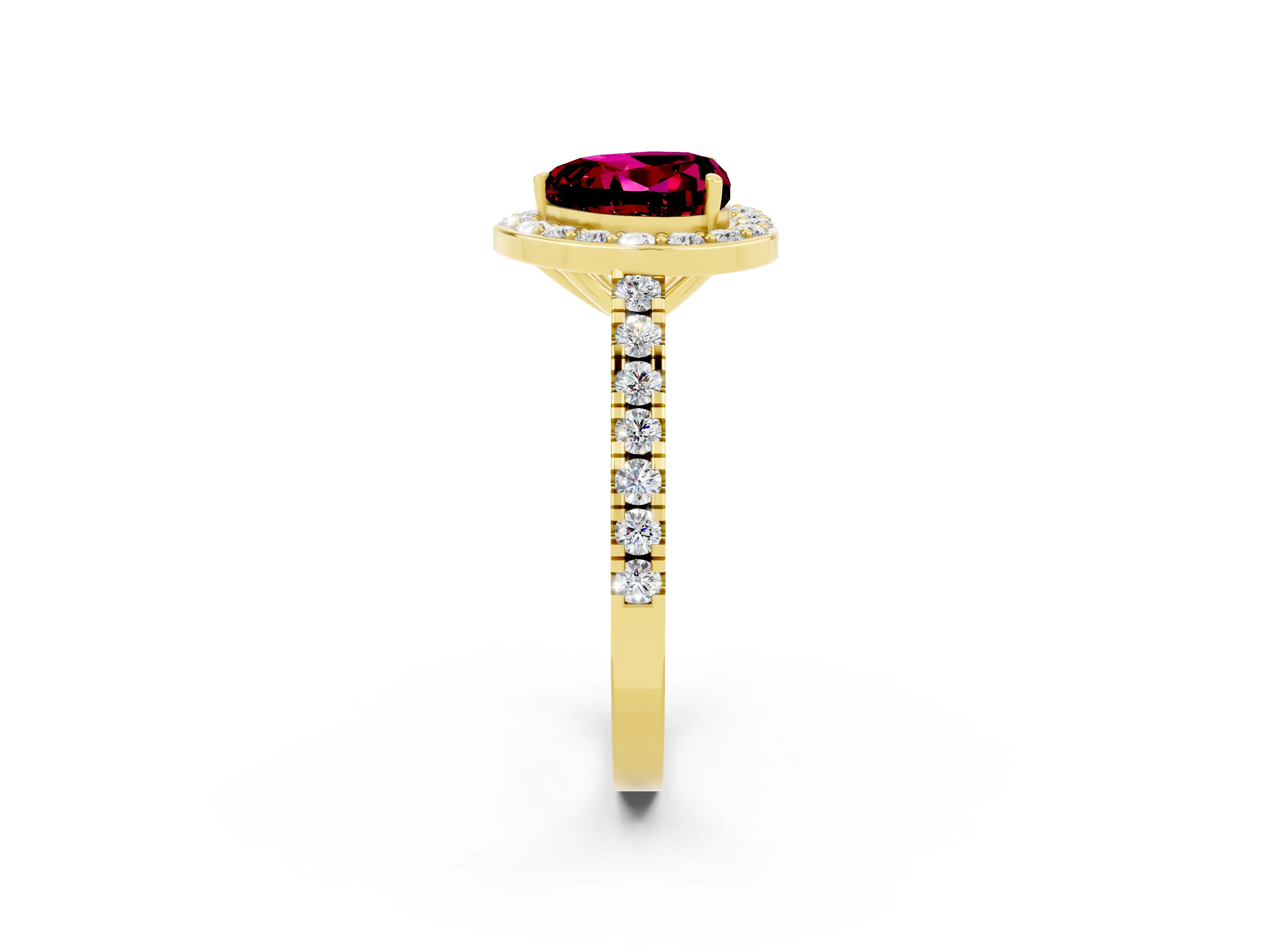 Yellow gold Heart Cut Halo Diamond Ring with Pavé Band and Three-Prong Setting_2