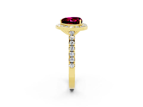 Yellow gold Heart Cut Halo Diamond Ring with Pavé Band and Three-Prong Setting_2