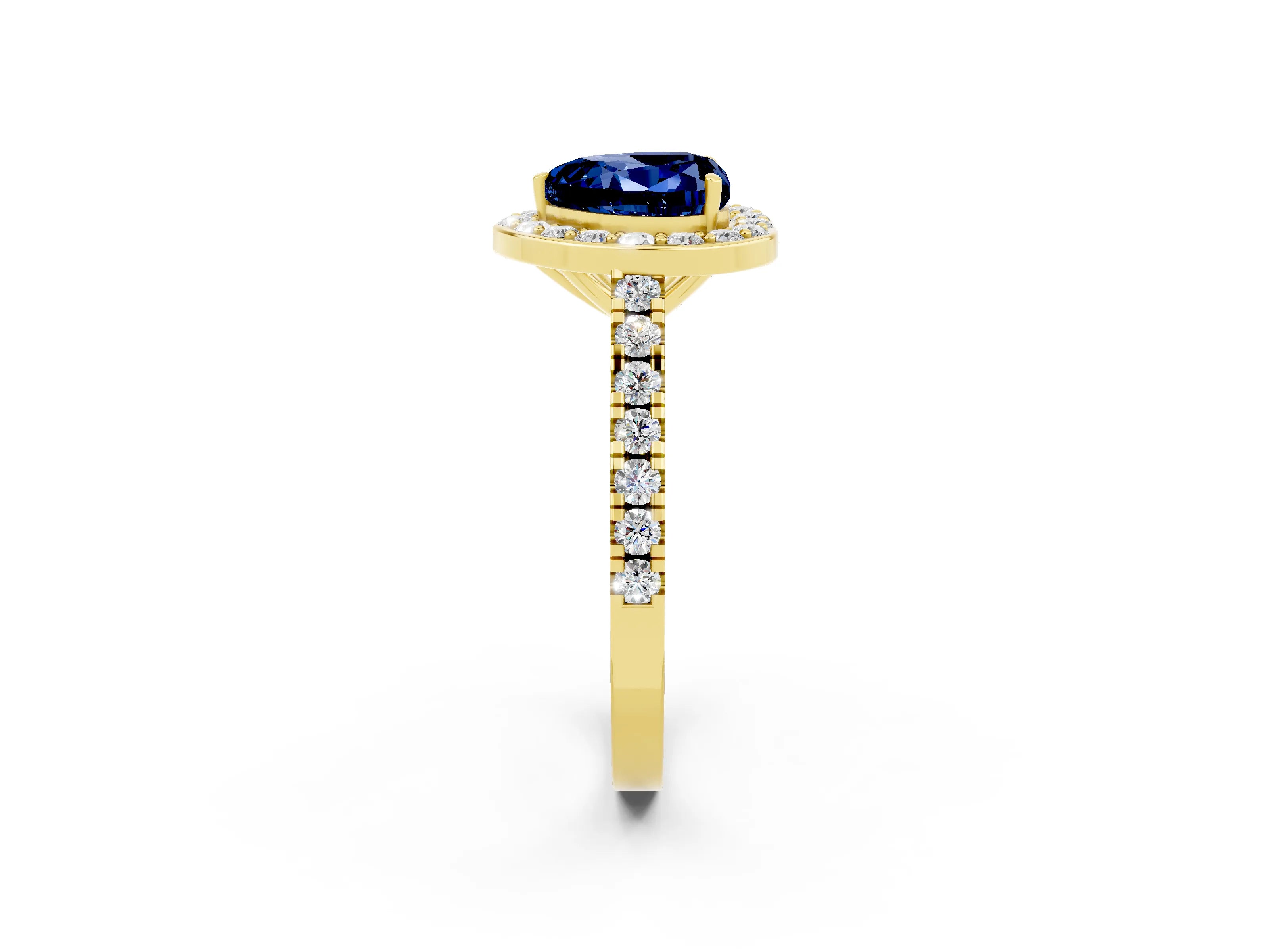 Yellow gold Heart Cut Halo Diamond Ring with Pavé Band and Three-Prong Setting_2