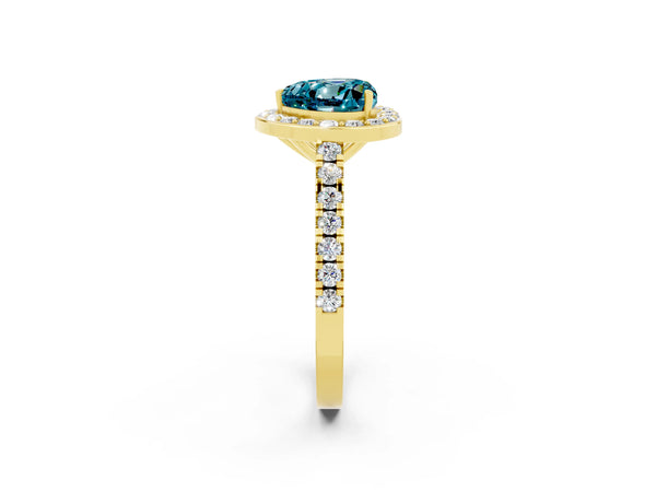 Yellow gold Heart Cut Halo Diamond Ring with Pavé Band and Three-Prong Setting
