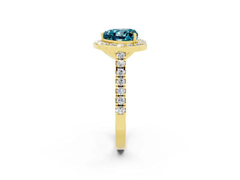 Yellow gold Heart Cut Halo Diamond Ring with Pavé Band and Three-Prong Setting_2