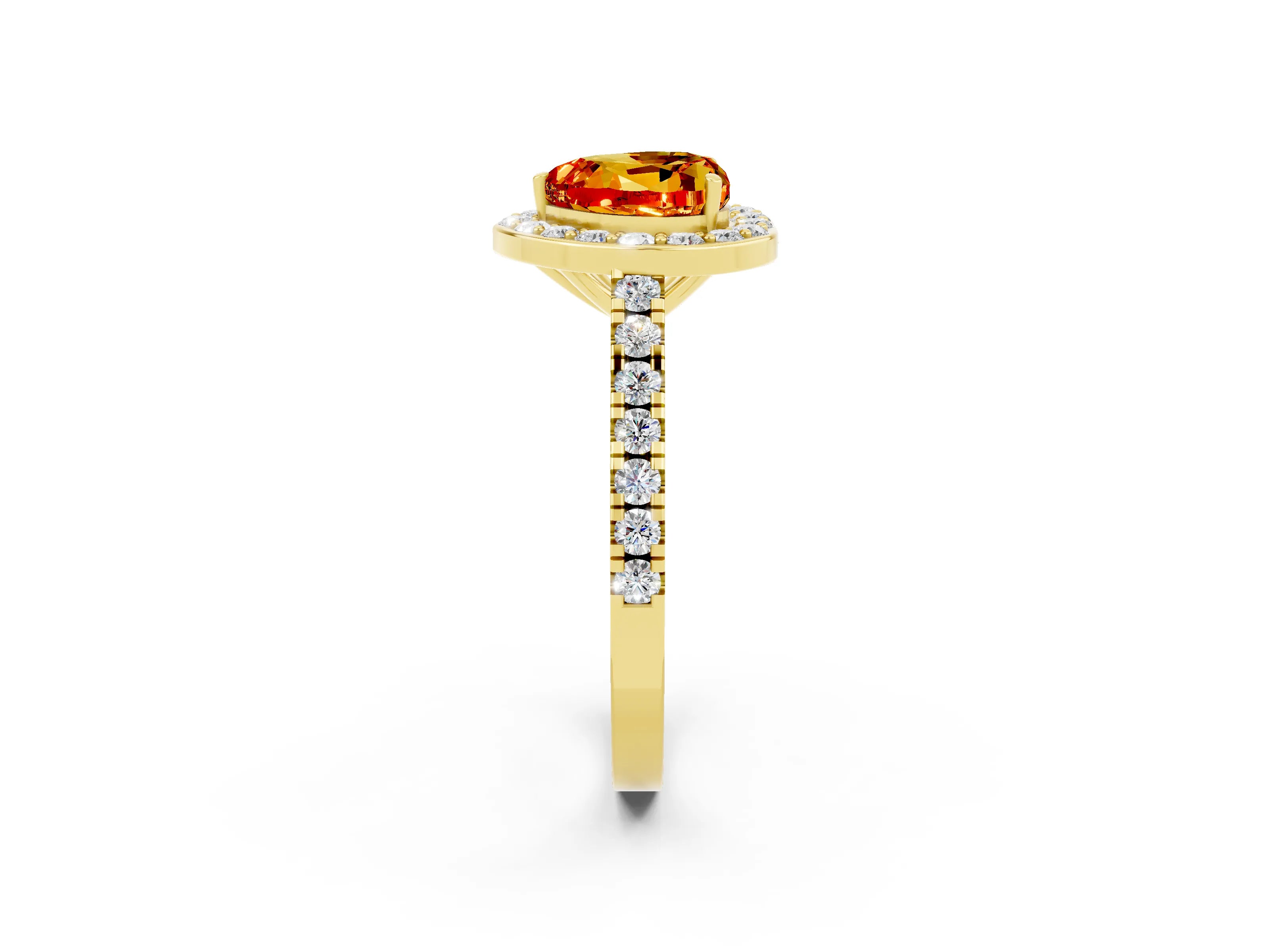 Yellow gold Heart Cut Halo Diamond Ring with Pavé Band and Three-Prong Setting_2