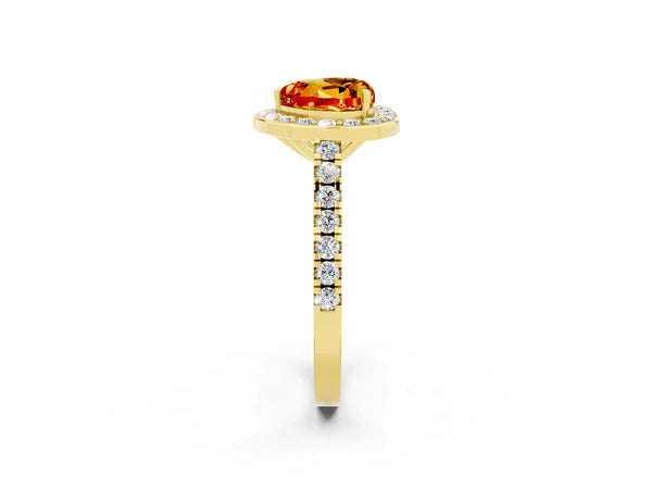 Yellow gold Heart Cut Citrine Halo Ring with Round Pavé Split Shank and Prong Setting