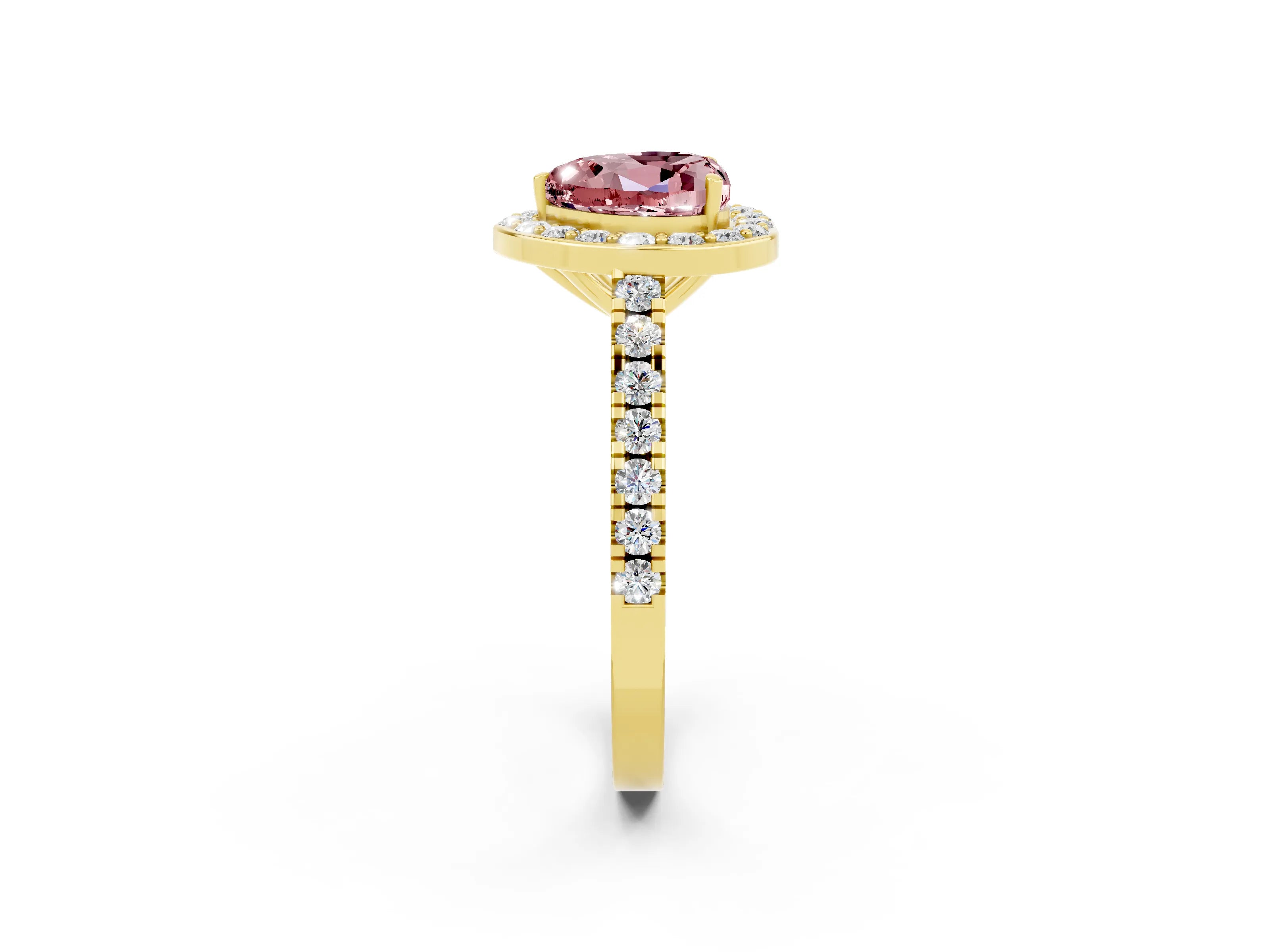 Yellow gold Heart Cut Halo Diamond Ring with Pavé Band and Three-Prong Setting_2