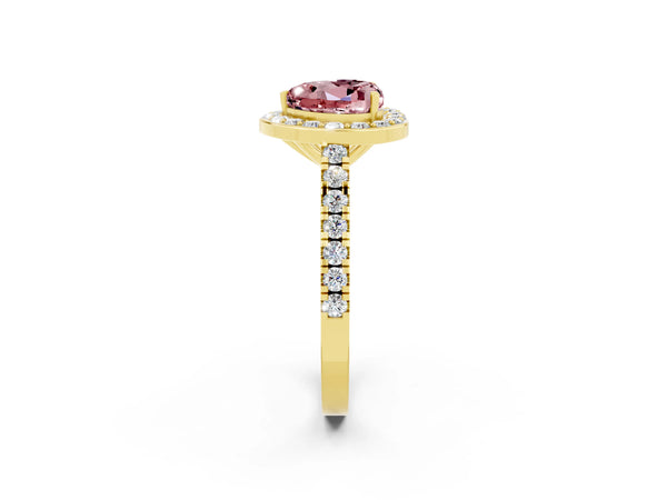 Yellow gold Heart Cut Halo Diamond Ring with Pavé Band and Three-Prong Setting