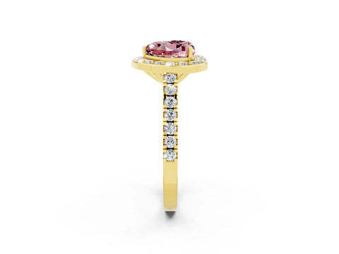 Yellow gold Heart Cut Halo Diamond Ring with Pavé Band and Three-Prong Setting_2