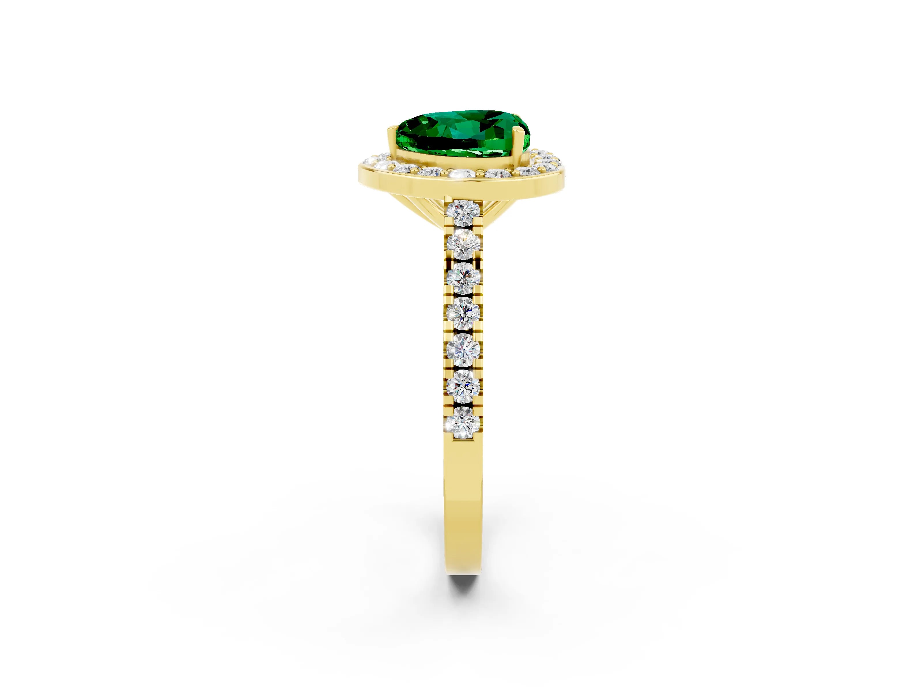 Yellow gold Heart Cut Halo Diamond Ring with Pavé Band and Three-Prong Setting_2