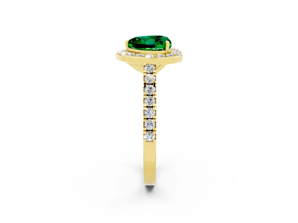 Yellow gold Heart Cut Emerald Halo Ring with Round Pavé Split Shank and Prong Setting