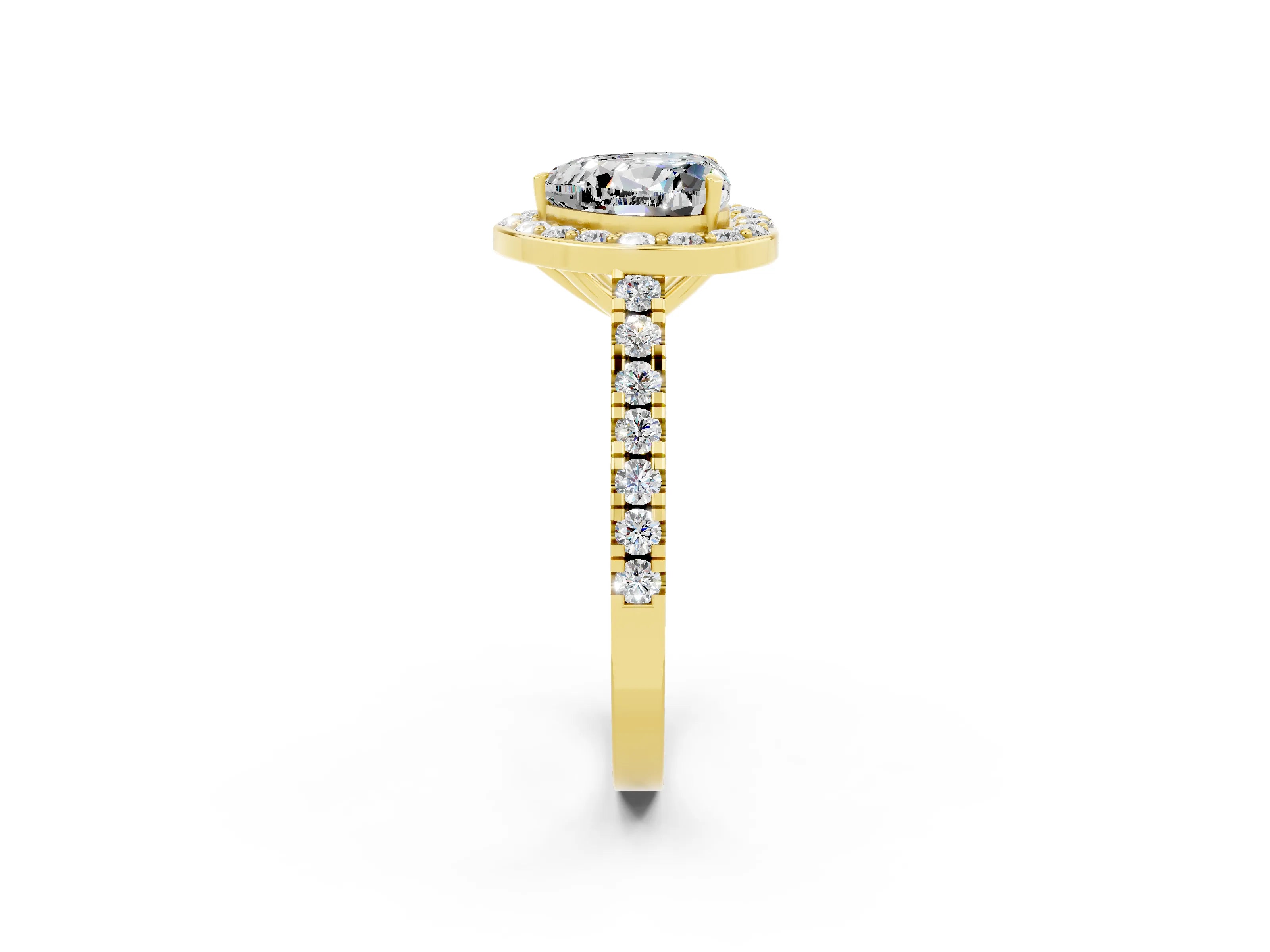 Yellow gold Heart Cut Halo Diamond Ring with Pavé Band and Three-Prong Setting_2