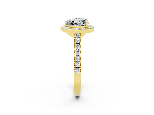 Yellow gold Heart Cut Moissanite Halo Ring with Round Pavé Split Shank and Prong Setting