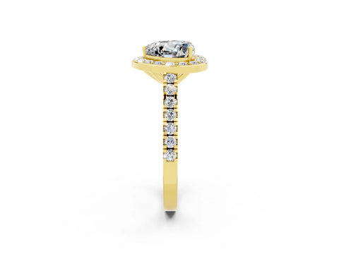 Yellow gold Heart Cut Halo Diamond Ring with Pavé Band and Three-Prong Setting_2
