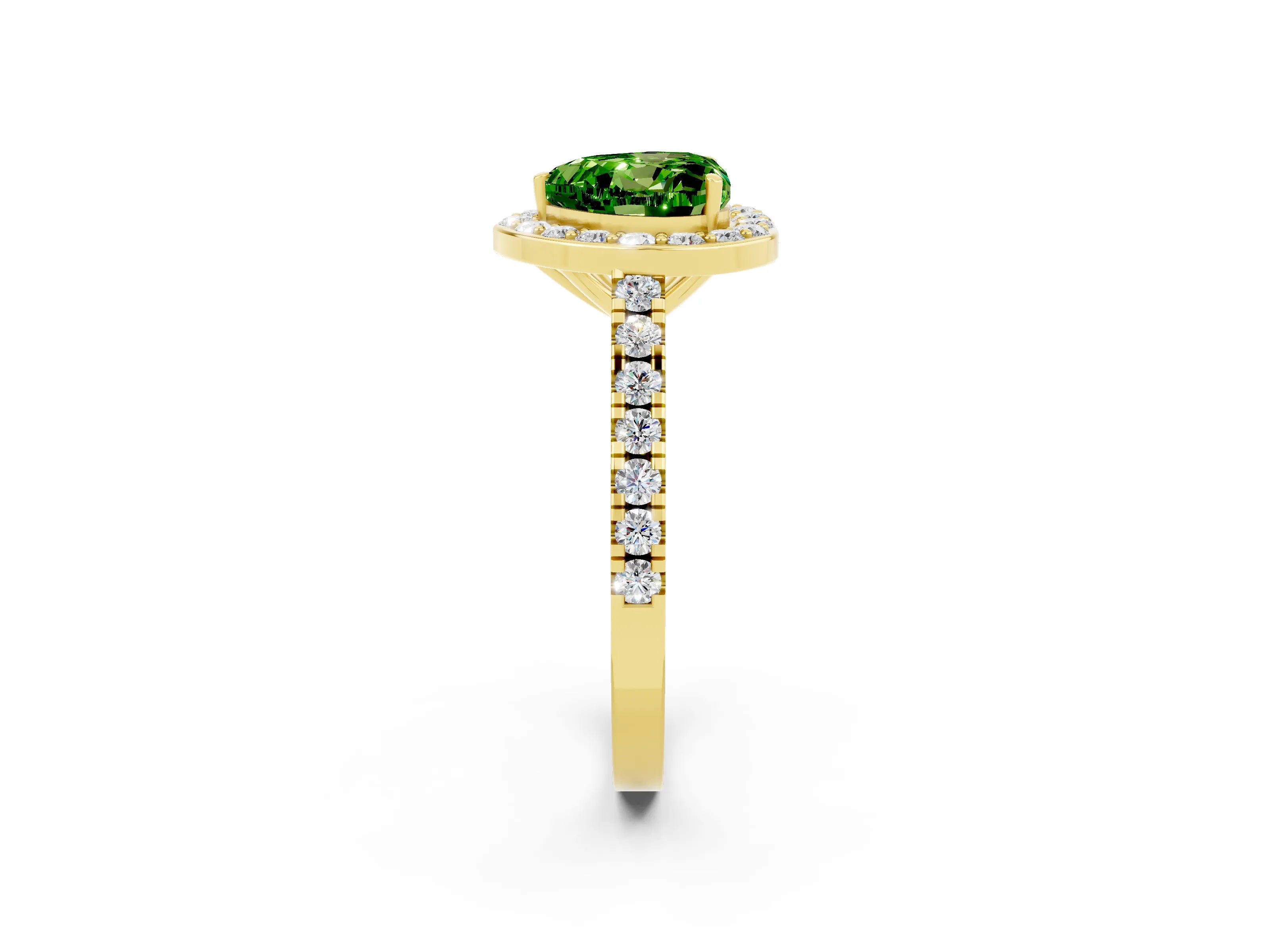 Yellow gold Heart Cut Halo Diamond Ring with Pavé Band and Three-Prong Setting_2