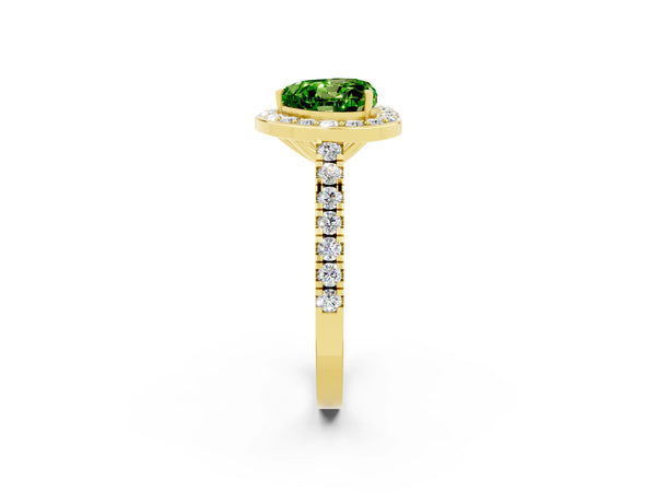 Yellow gold Heart Cut Halo Diamond Ring with Pavé Band and Three-Prong Setting