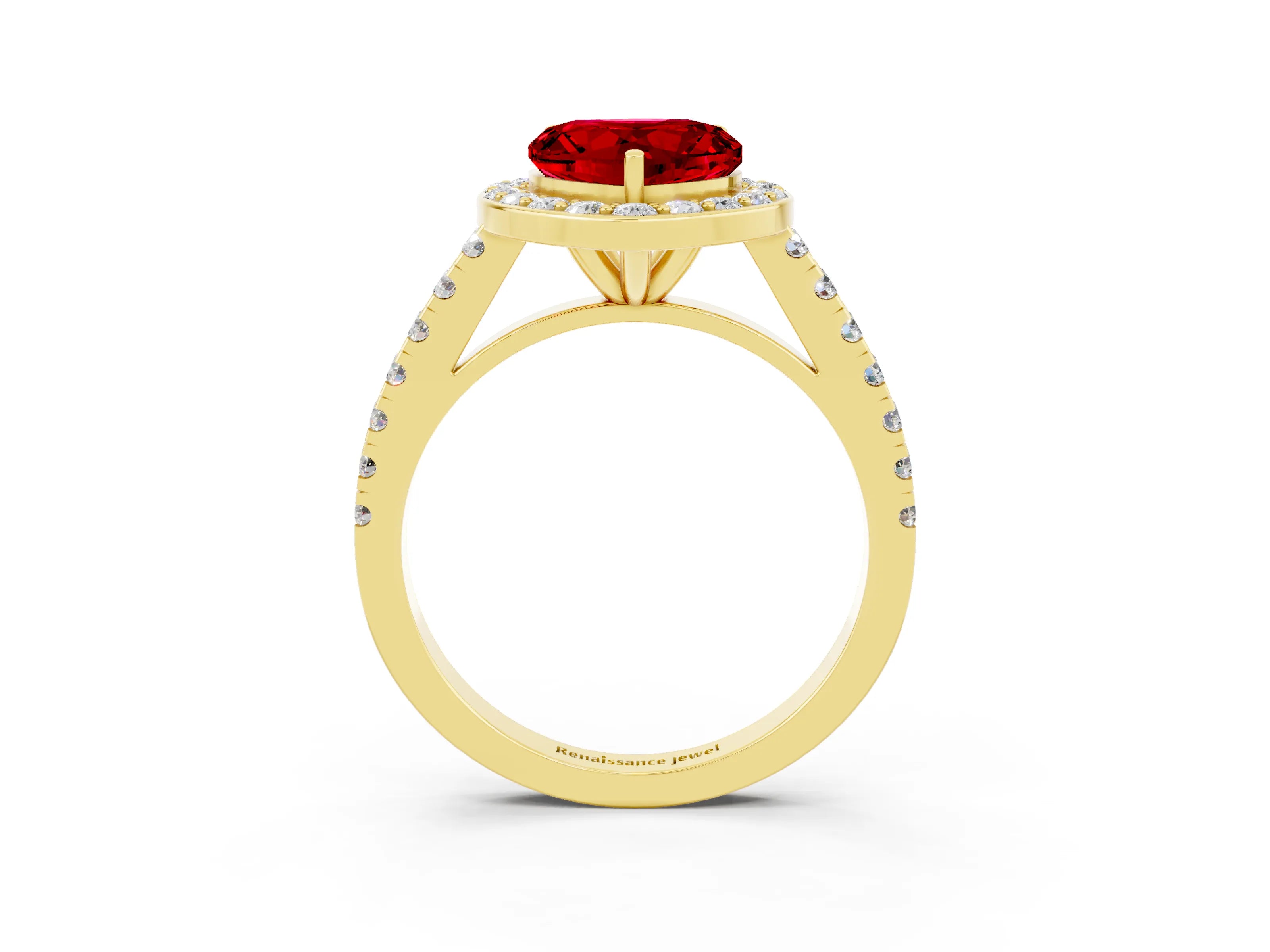 Yellow gold Heart Cut Halo Diamond Ring with Pavé Band and Three-Prong Setting_3