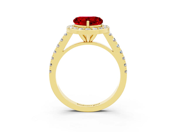 Yellow gold Heart Cut Ruby Halo Ring with Round Pavé Split Shank and Prong Setting