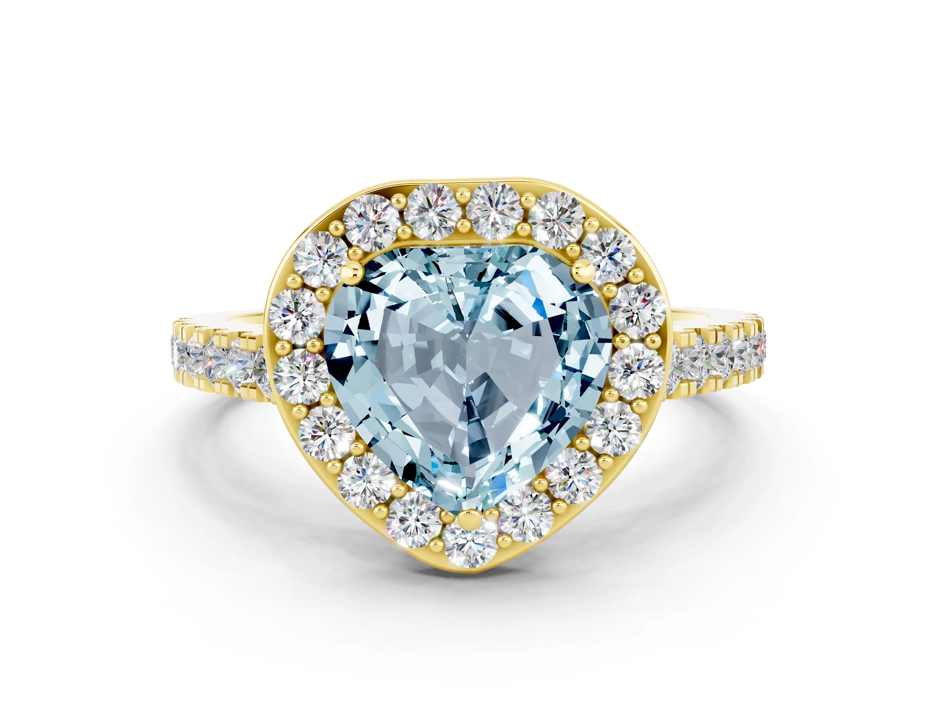 Yellow gold Heart Cut Halo Diamond Ring with Pavé Band and Three-Prong Setting