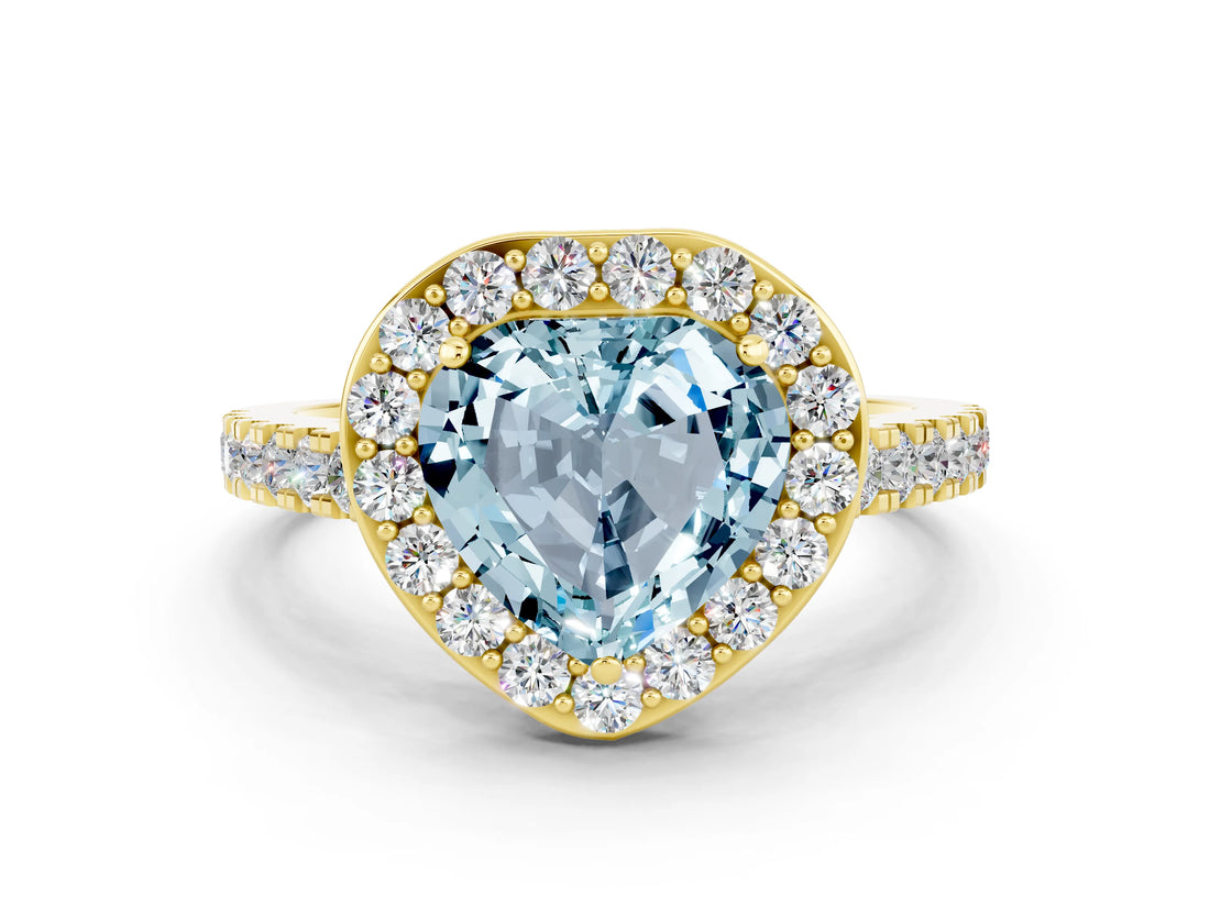Yellow gold Heart Cut Halo Diamond Ring with Pavé Band and Three-Prong Setting