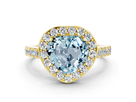 Yellow gold Heart Cut Halo Diamond Ring with Pavé Band and Three-Prong Setting