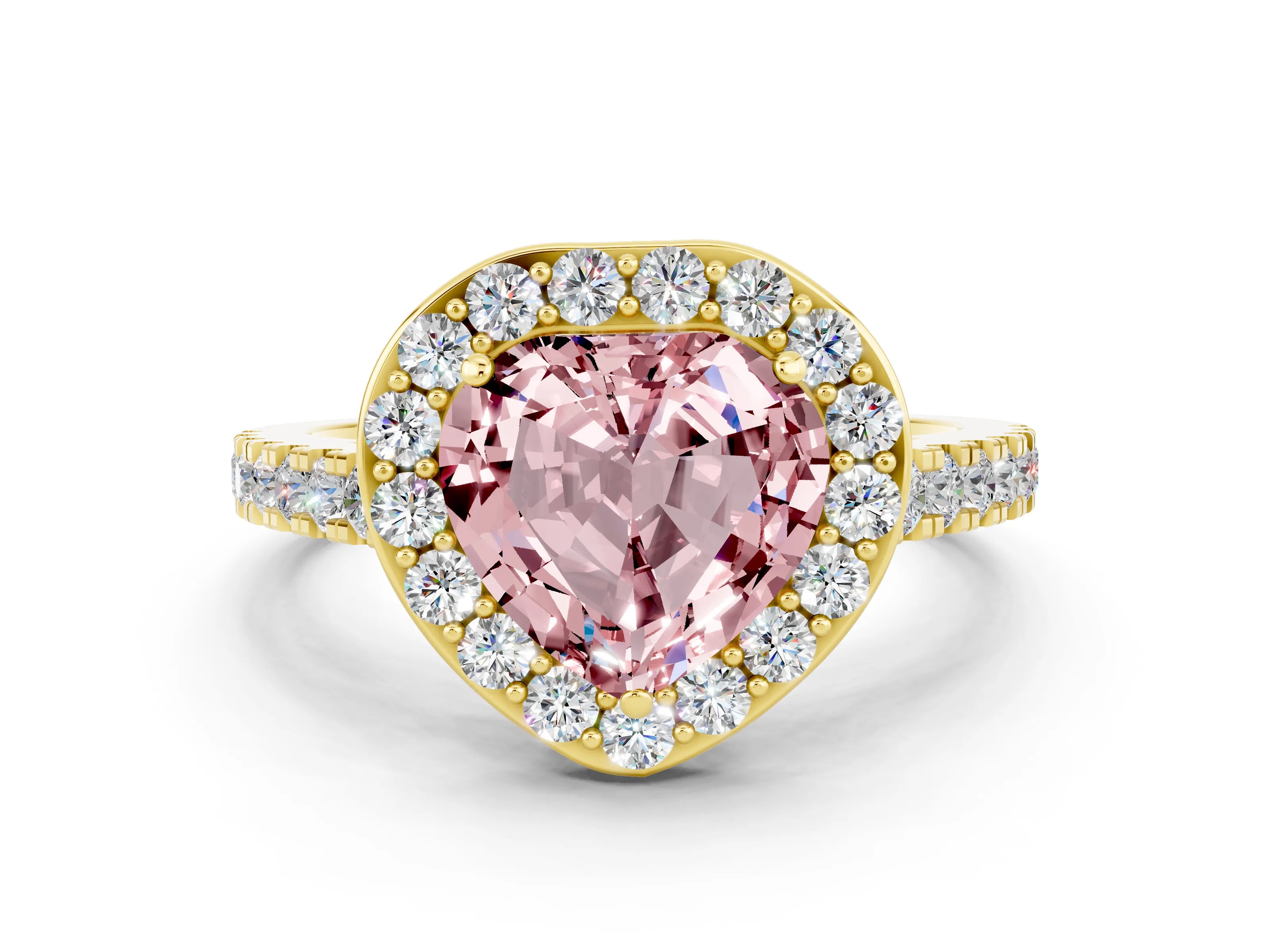 Yellow gold Heart Cut Halo Diamond Ring with Pavé Band and Three-Prong Setting