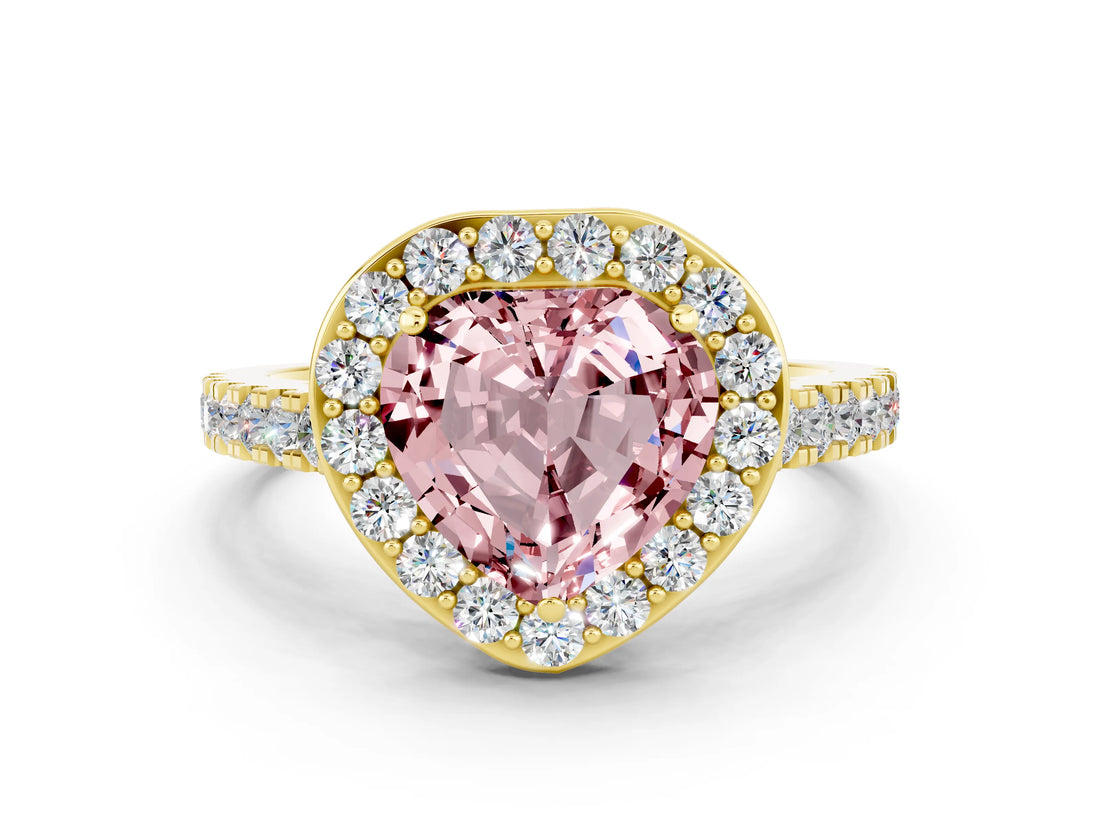 Yellow gold Heart Cut Halo Diamond Ring with Pavé Band and Three-Prong Setting