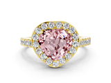 Yellow gold Heart Cut Halo Diamond Ring with Pavé Band and Three-Prong Setting
