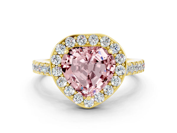 Yellow gold Heart Cut Halo Diamond Ring with Pavé Band and Three-Prong Setting