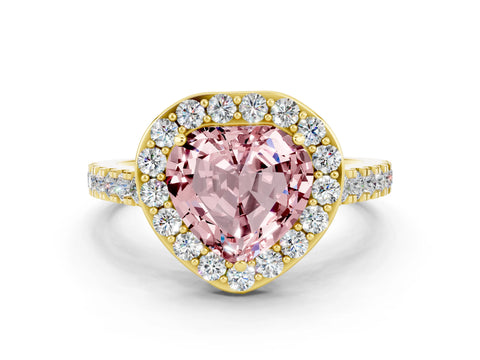 Yellow gold Heart Cut Halo Diamond Ring with Pavé Band and Three-Prong Setting