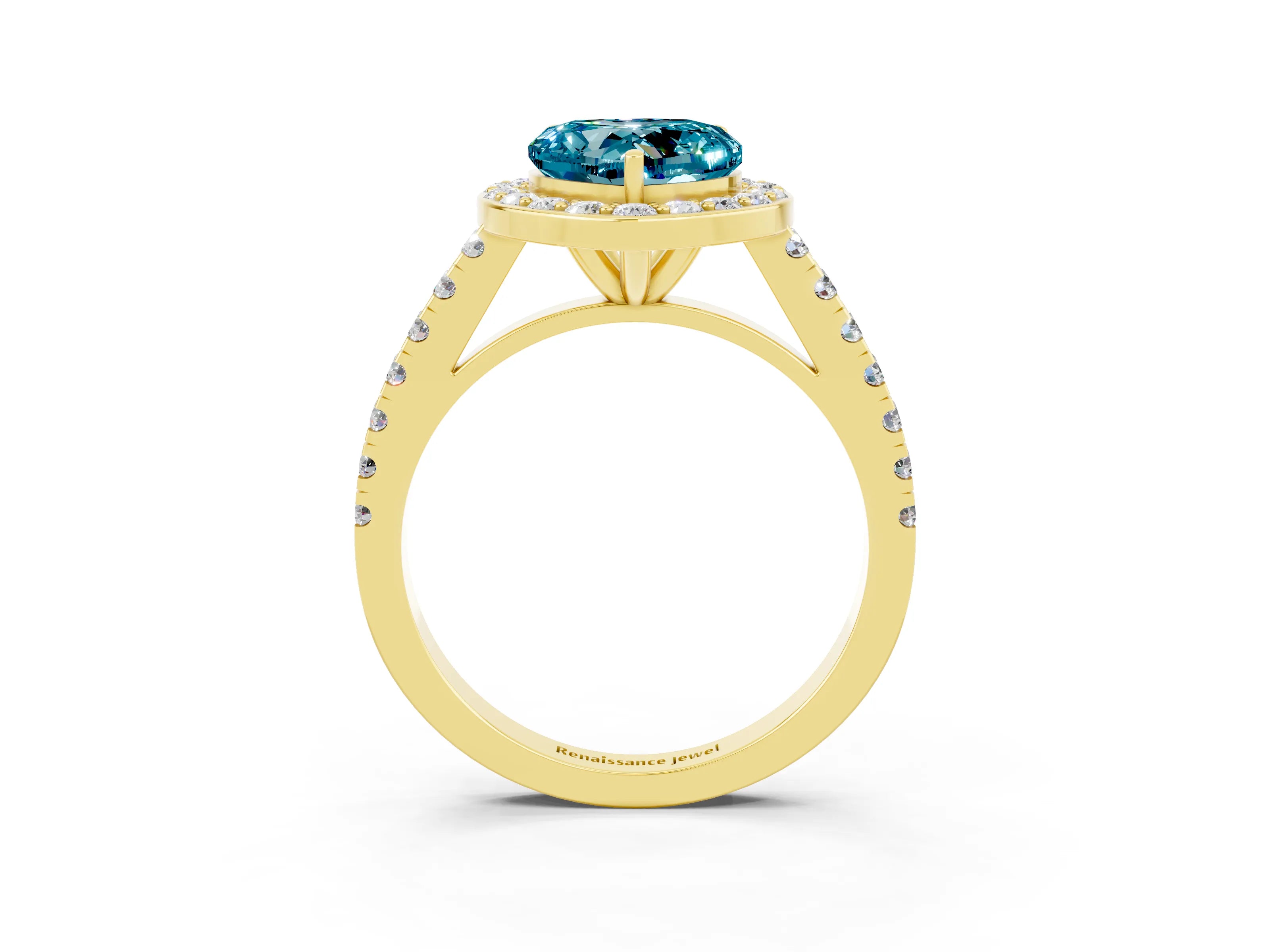 Yellow gold Heart Cut Halo Diamond Ring with Pavé Band and Three-Prong Setting_3
