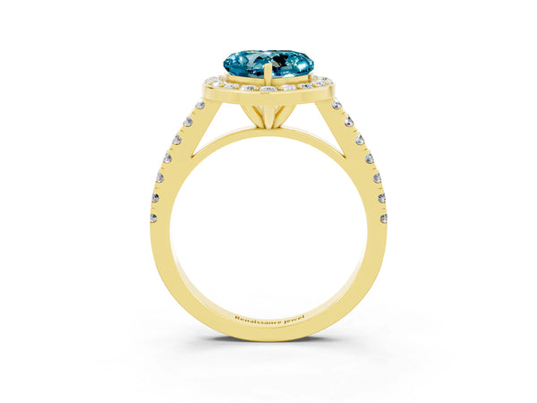 Yellow gold Heart Cut Halo Diamond Ring with Pavé Band and Three-Prong Setting